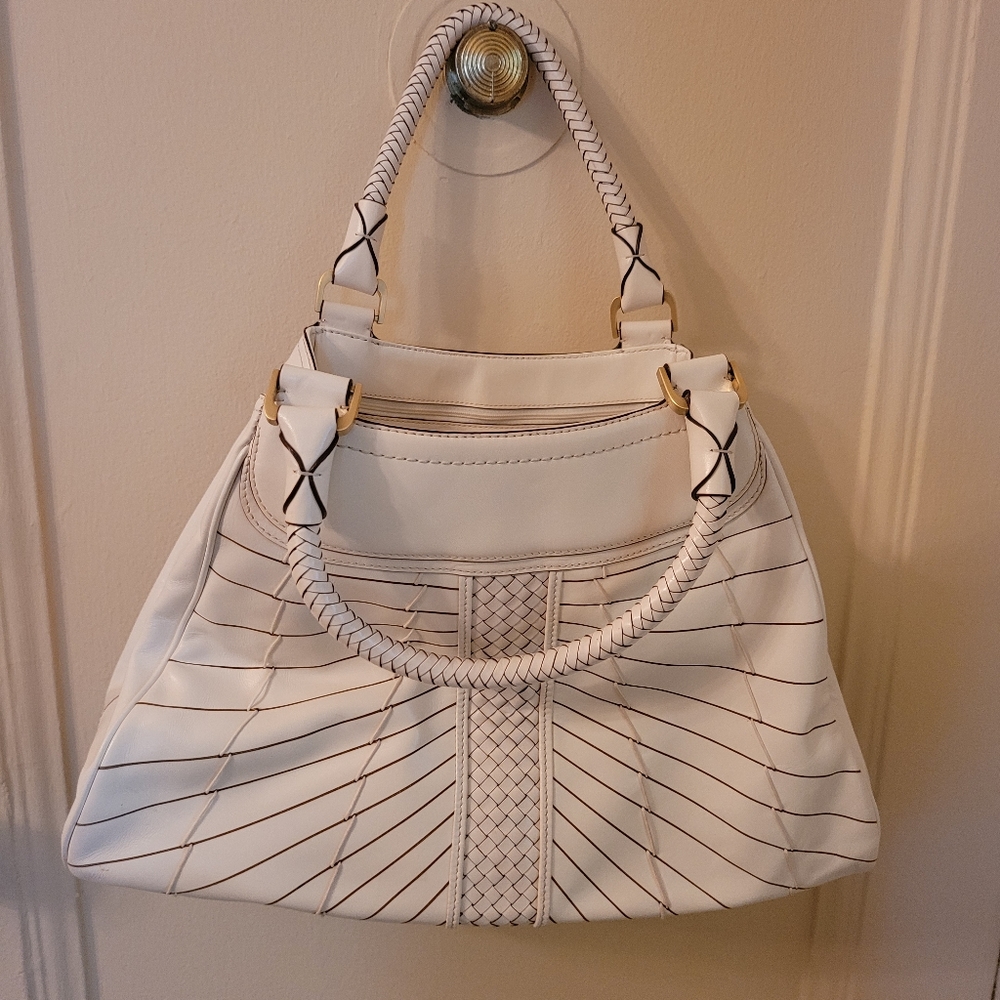 Cole Haan Cream Leather Woven Satchel - Picture 6 of 11